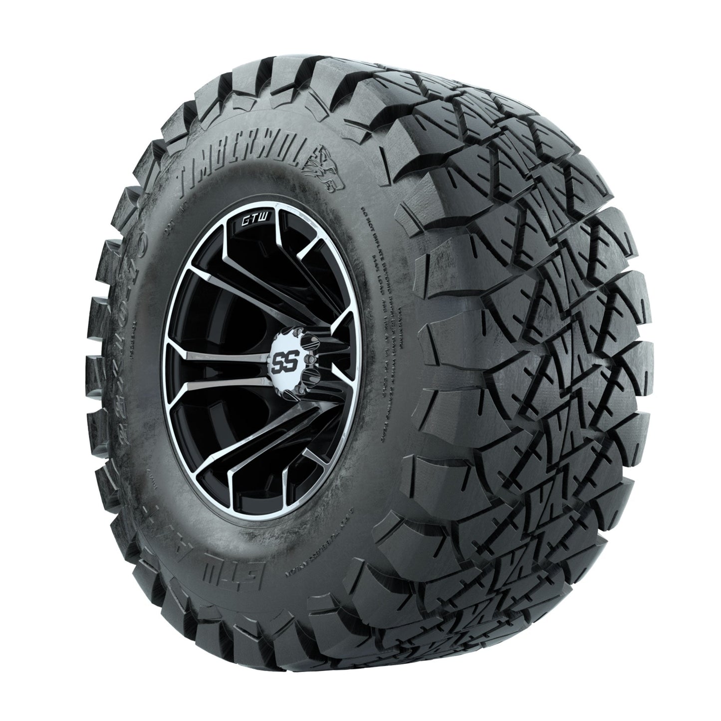 GTW Spyder Machined/Black 10 in Wheels with 22x10-10 Timberwolf All Terrain Tires Full Set