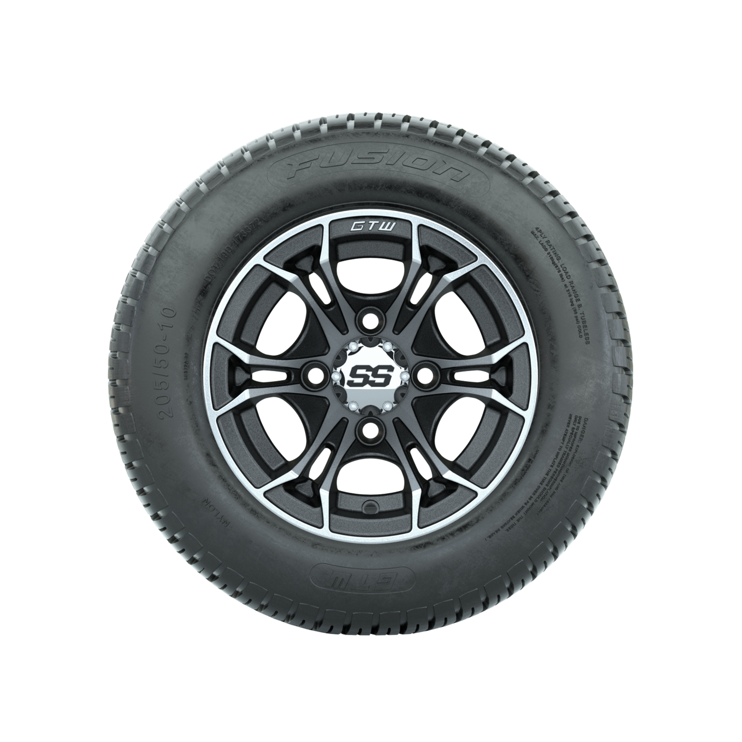 GTW Spyder Machined/Matte Grey 10 in Wheels with 205/50-10 Fusion Street Tires Full Set