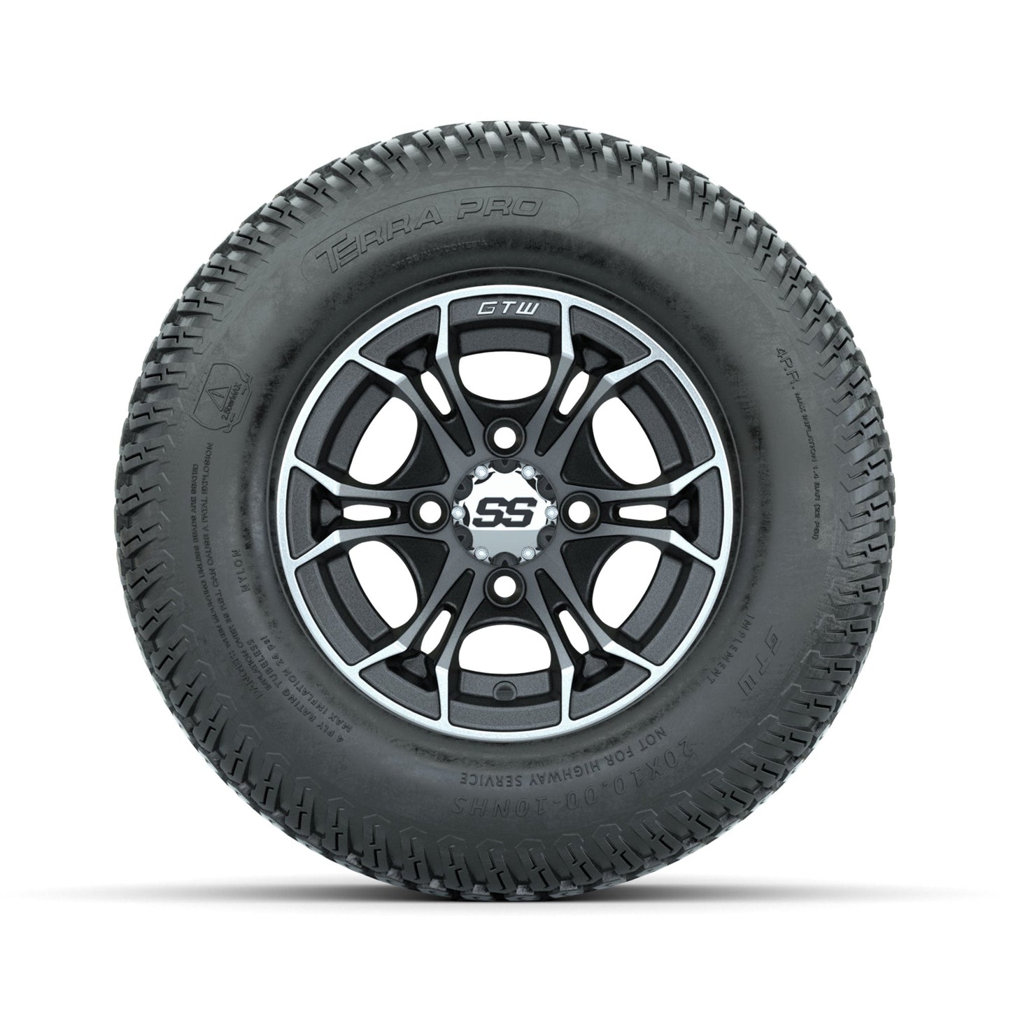 GTW Spyder Machined/Matte Grey 10 in Wheels with 20x10-10 Terra Pro S-Tread Traction Tires Full Set