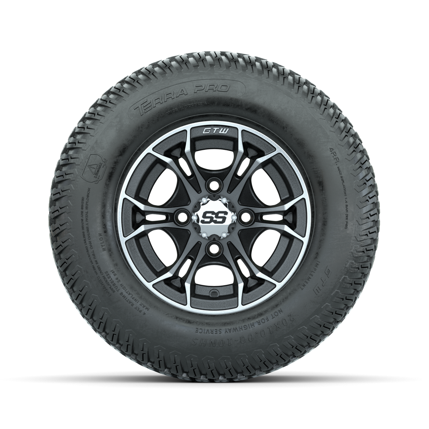 GTW Spyder Machined/Matte Grey 10 in Wheels with 20x10-10 Terra Pro S-Tread Traction Tires Full Set