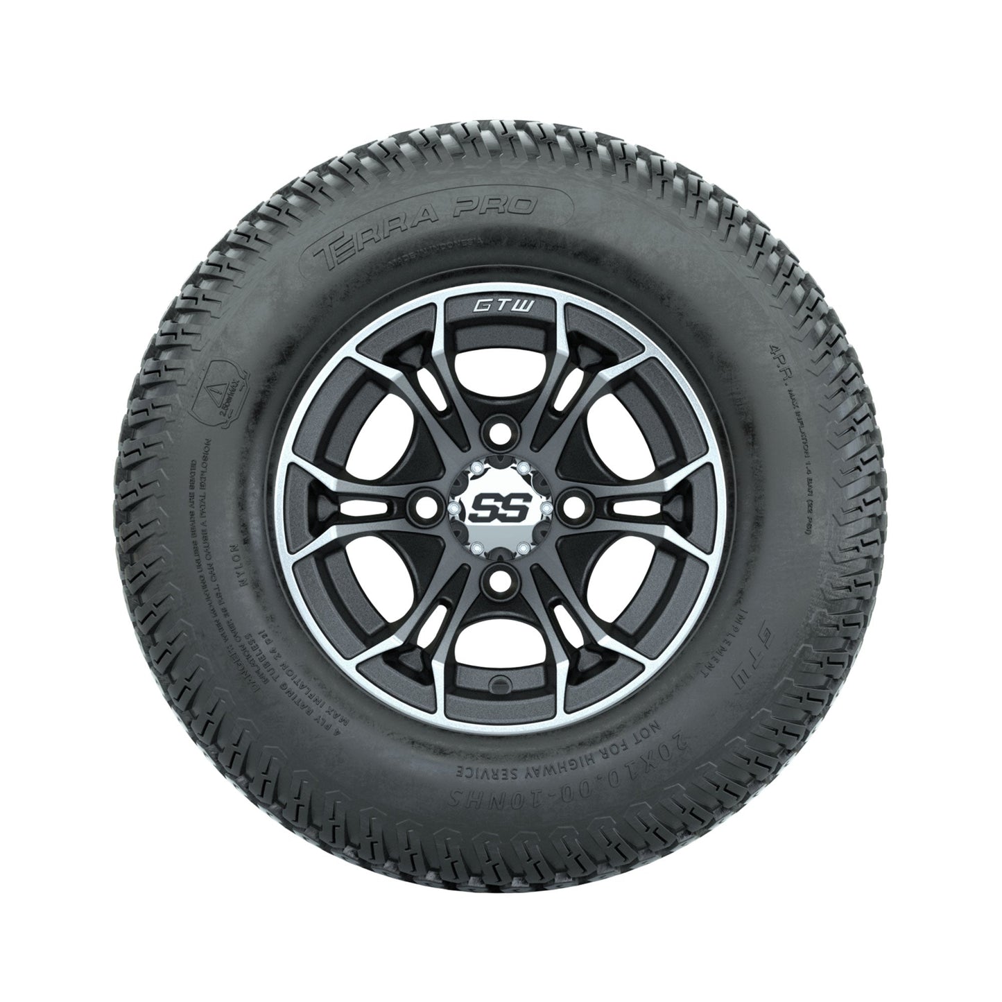 GTW Spyder Machined/Matte Grey 10 in Wheels with 20x10-10 Terra Pro S-Tread Traction Tires Full Set