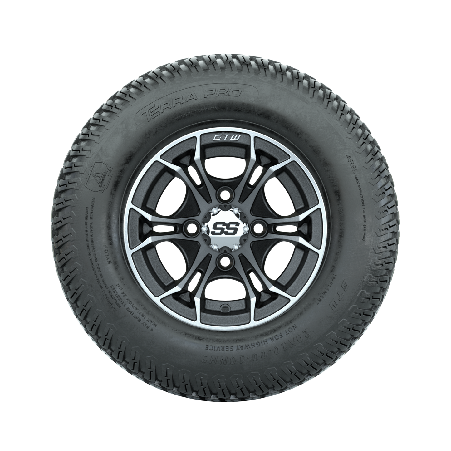 GTW Spyder Machined/Matte Grey 10 in Wheels with 20x10-10 Terra Pro S-Tread Traction Tires Full Set