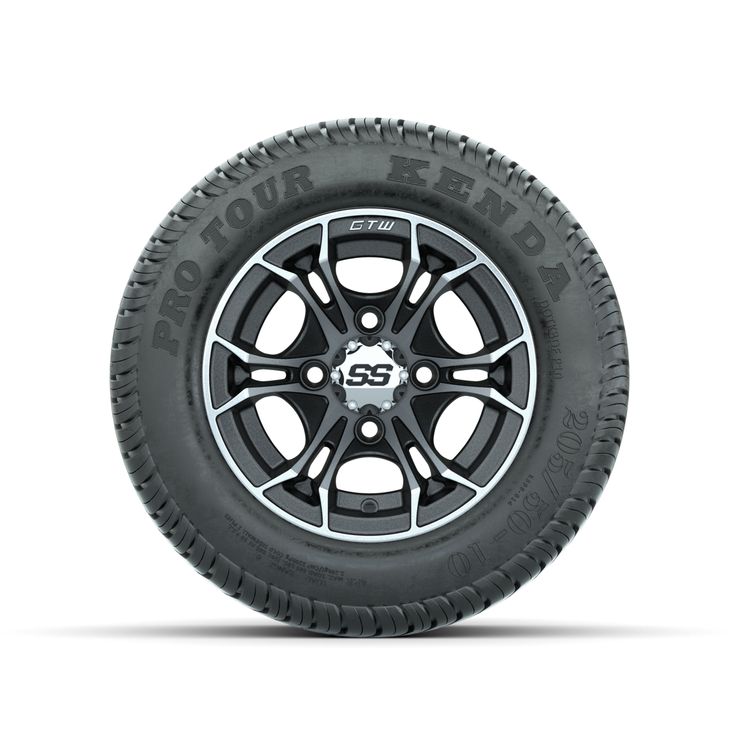 GTW Spyder Machined/Matte Grey 10 in Wheels with 205/50-10 Kenda Pro Tour Low-profile Tires Full Set