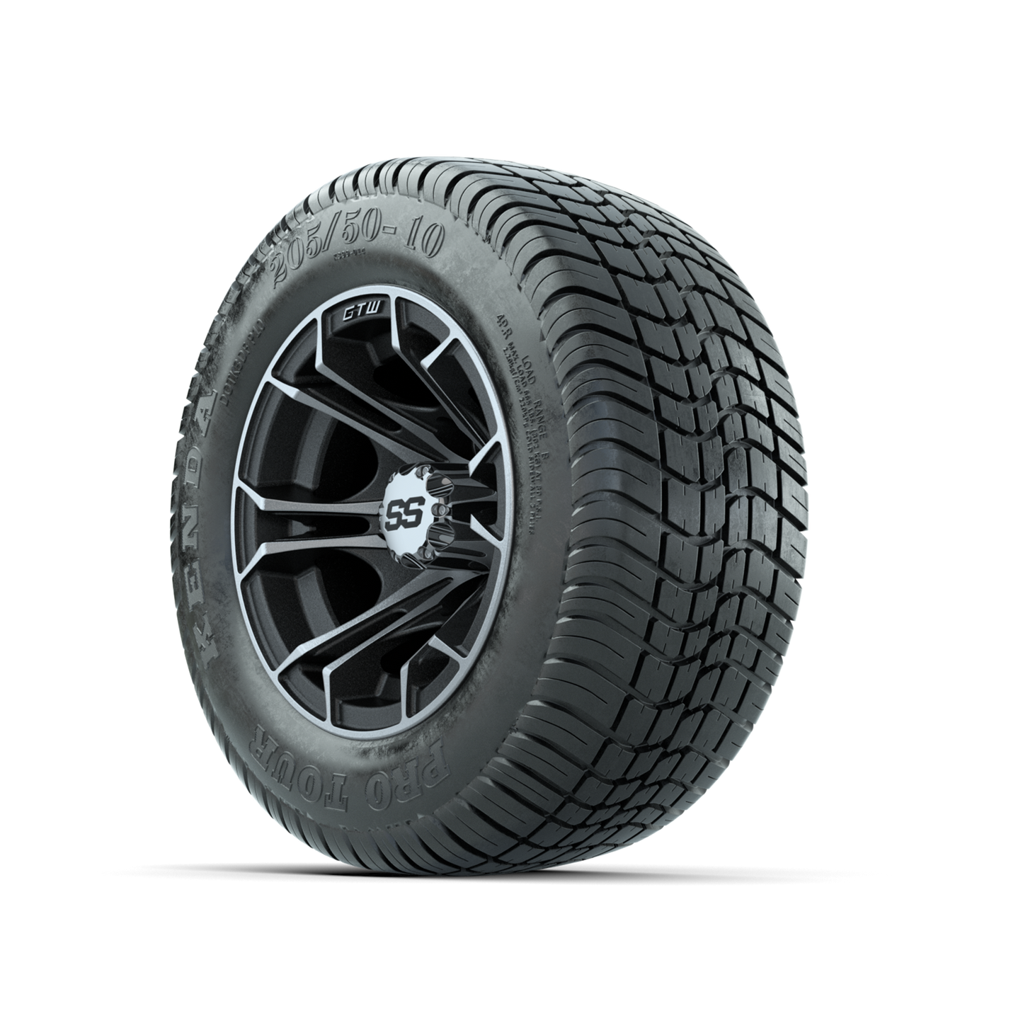 GTW Spyder Machined/Matte Grey 10 in Wheels with 205/50-10 Kenda Pro Tour Low-profile Tires Full Set