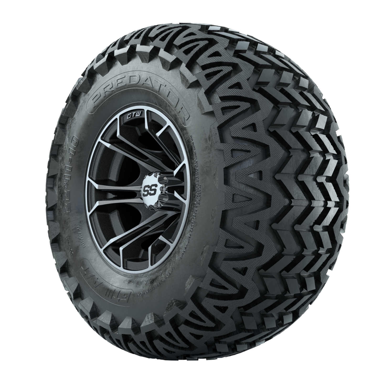 GTW Spyder Machined/Matte Grey 10 in Wheels with 22x11-10 Predator All Terrain Tires Full Set
