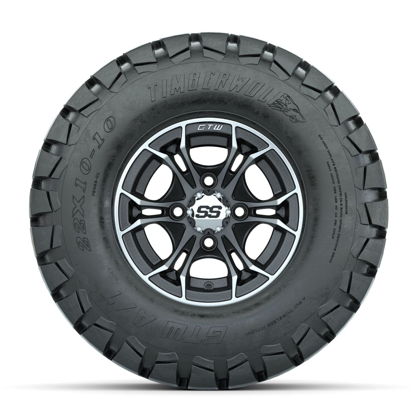 GTW Spyder Machined/Matte Grey 10 in Wheels with 22x10-10 Timberwolf All Terrain Tires Full Set