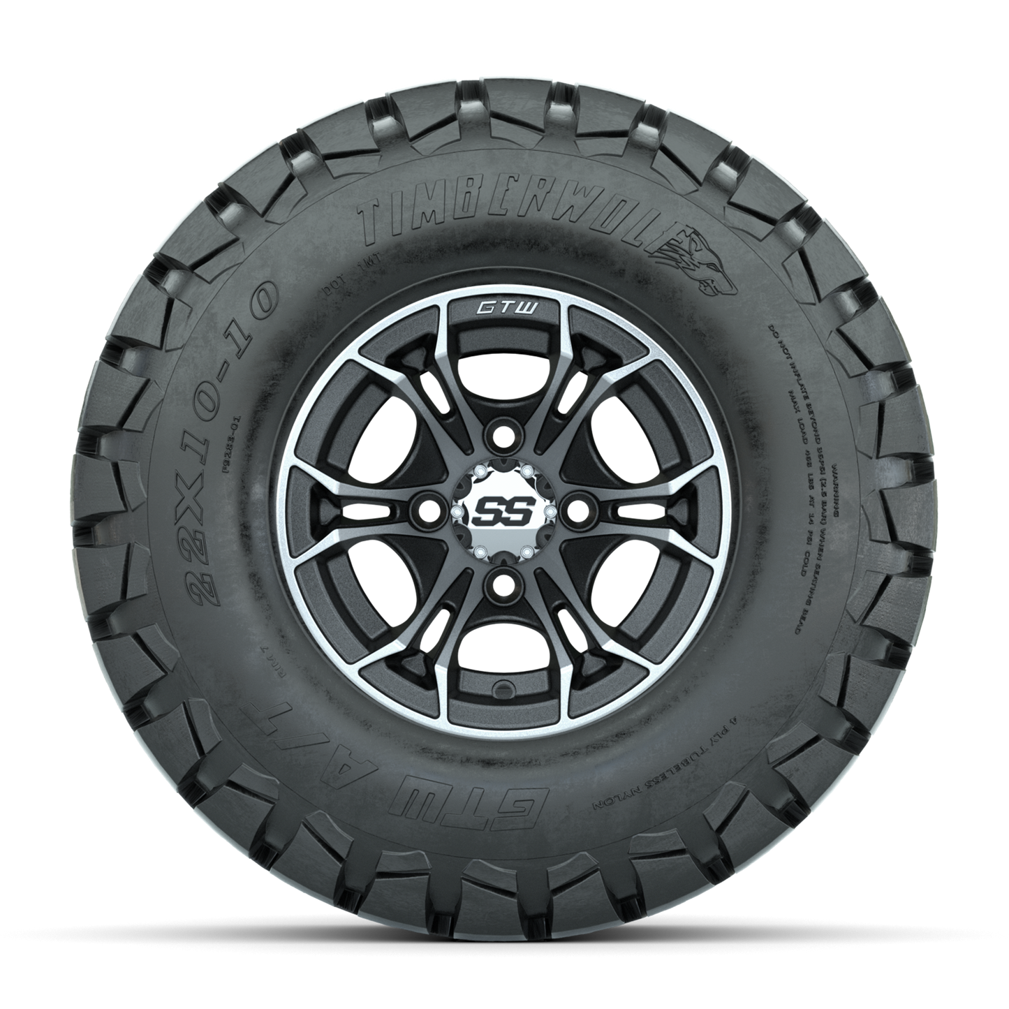 GTW Spyder Machined/Matte Grey 10 in Wheels with 22x10-10 Timberwolf All Terrain Tires Full Set