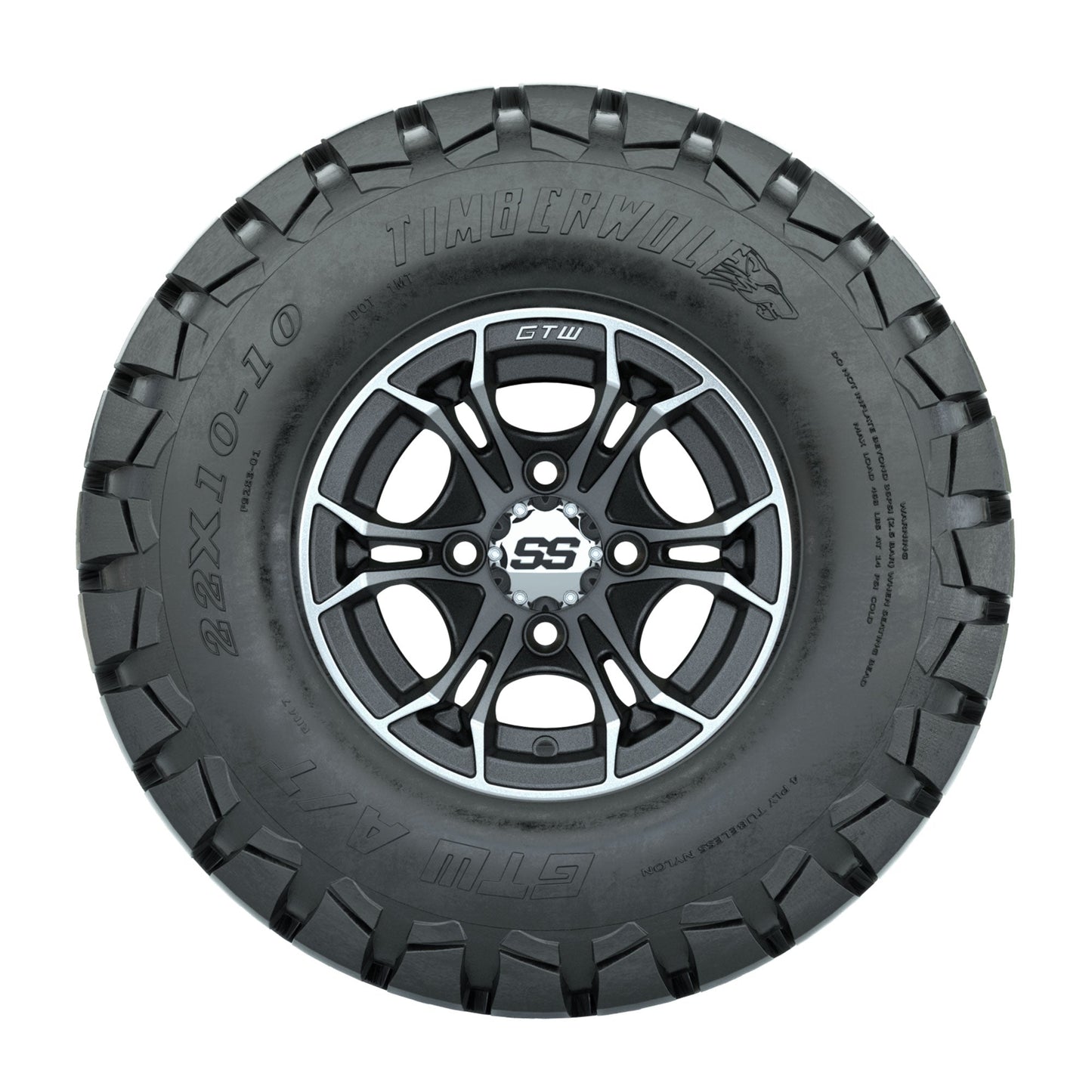GTW Spyder Machined/Matte Grey 10 in Wheels with 22x10-10 Timberwolf All Terrain Tires Full Set