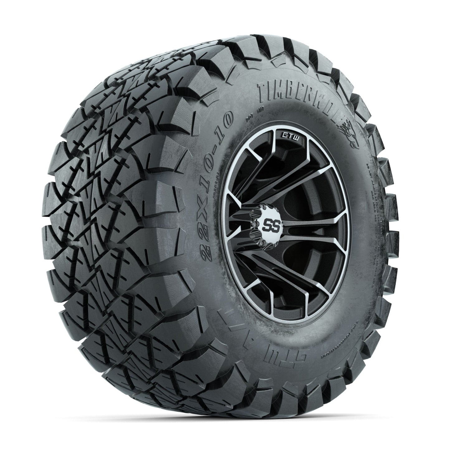 GTW Spyder Machined/Matte Grey 10 in Wheels with 22x10-10 Timberwolf All Terrain Tires Full Set