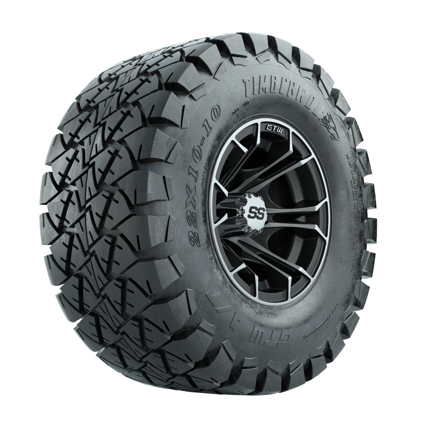 GTW Spyder Machined/Matte Grey 10 in Wheels with 22x10-10 Timberwolf All Terrain Tires Full Set