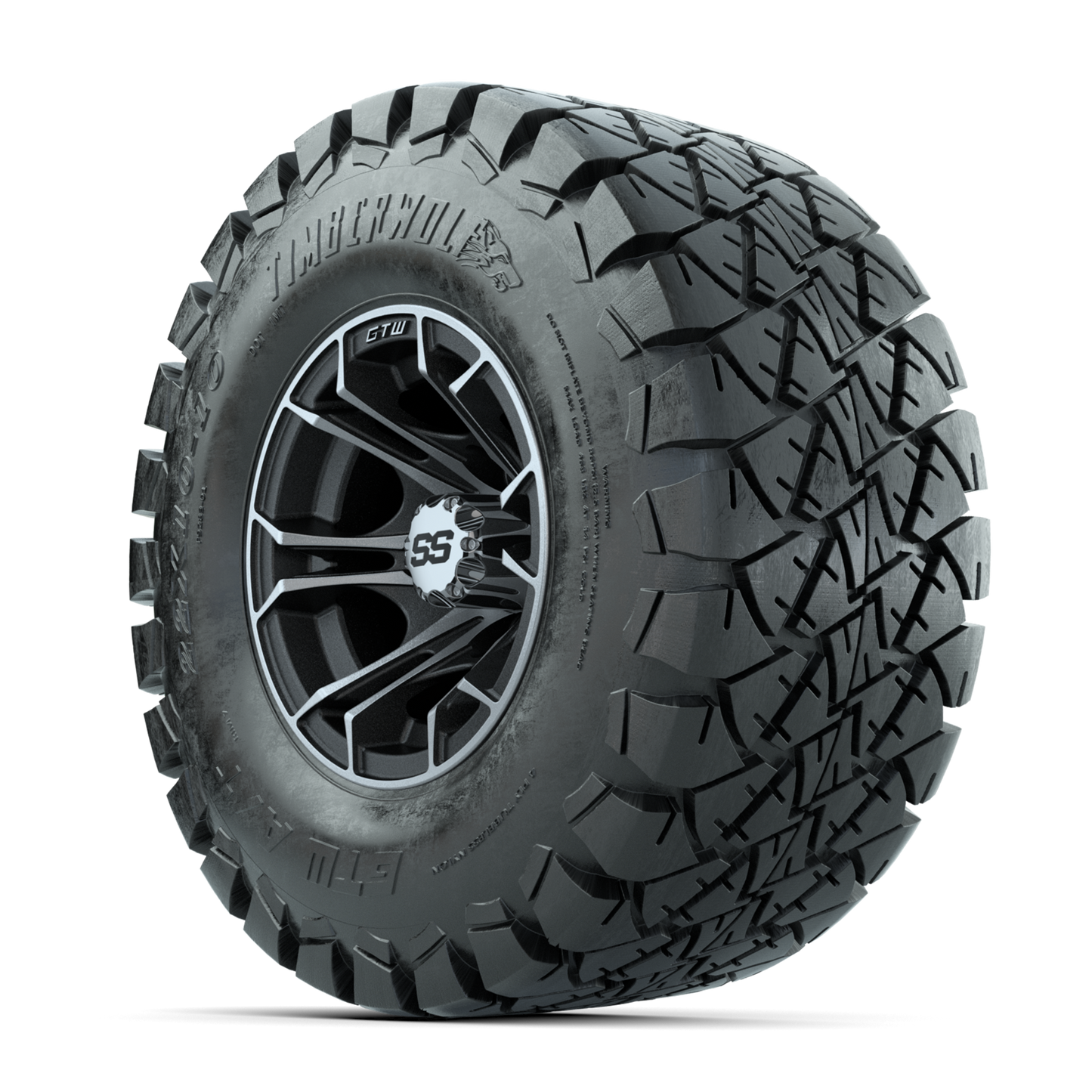 GTW Spyder Machined/Matte Grey 10 in Wheels with 22x10-10 Timberwolf All Terrain Tires Full Set
