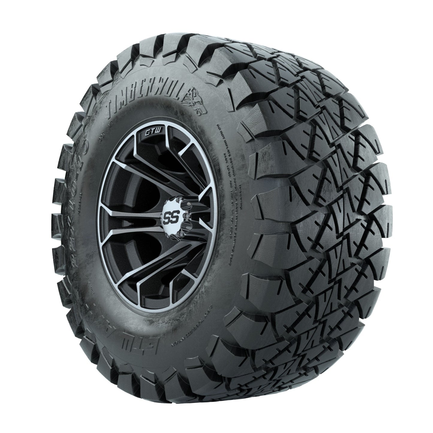 GTW Spyder Machined/Matte Grey 10 in Wheels with 22x10-10 Timberwolf All Terrain Tires Full Set