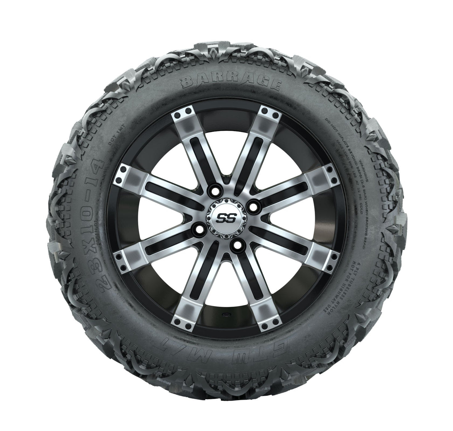 14" GTW Tempest Black and Machined Wheels with 23" Barrage Mud Tires Set of 4