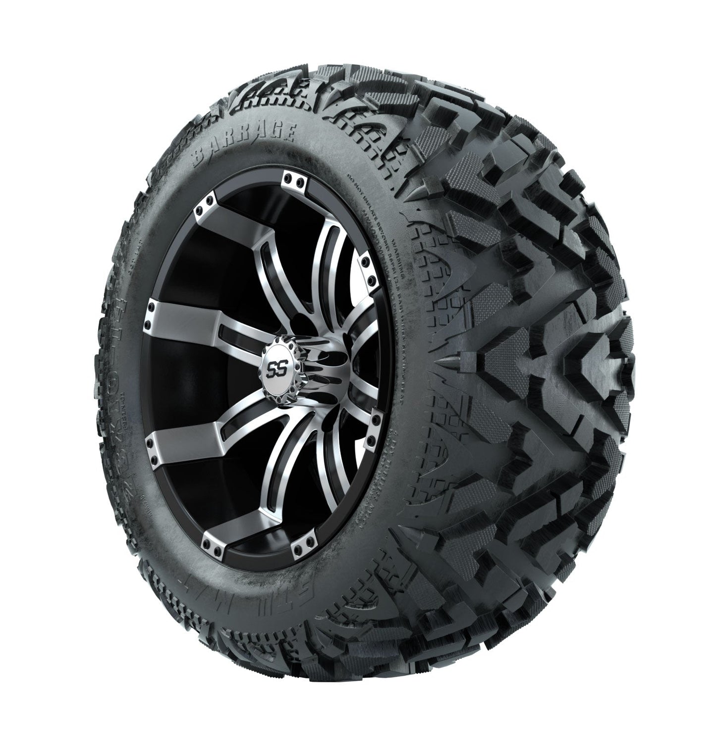 14" GTW Tempest Black and Machined Wheels with 23" Barrage Mud Tires Set of 4