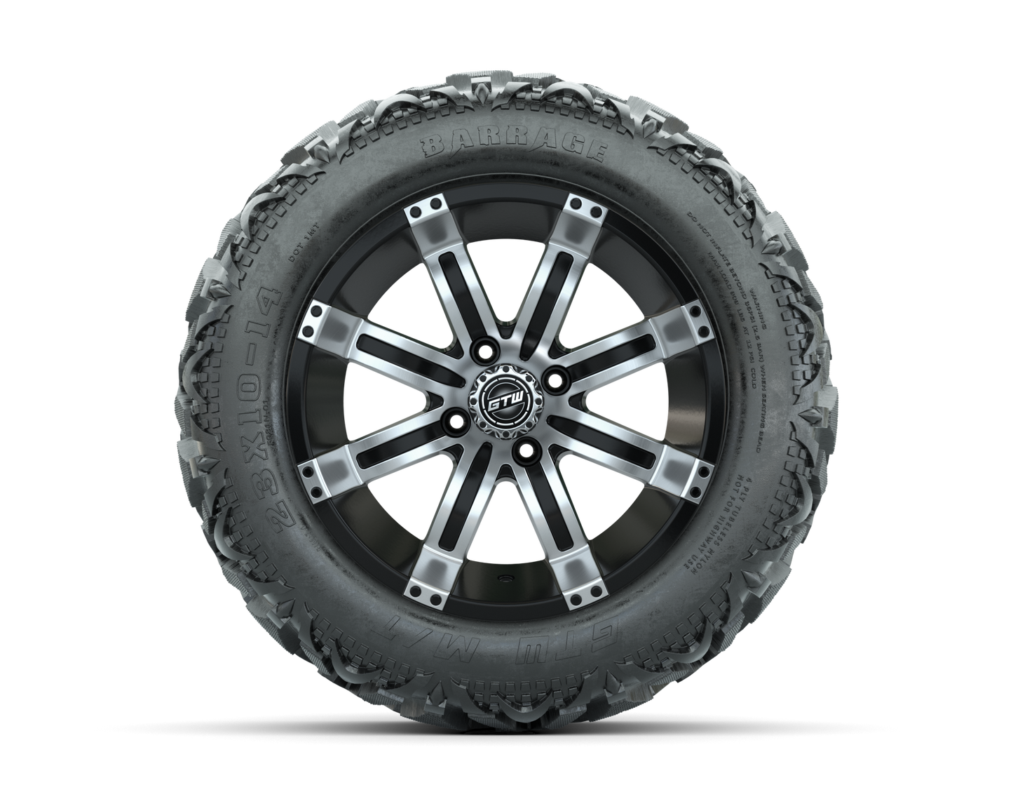 14" GTW Tempest Black and Machined Wheels with 23" Barrage Mud Tires Set of 4