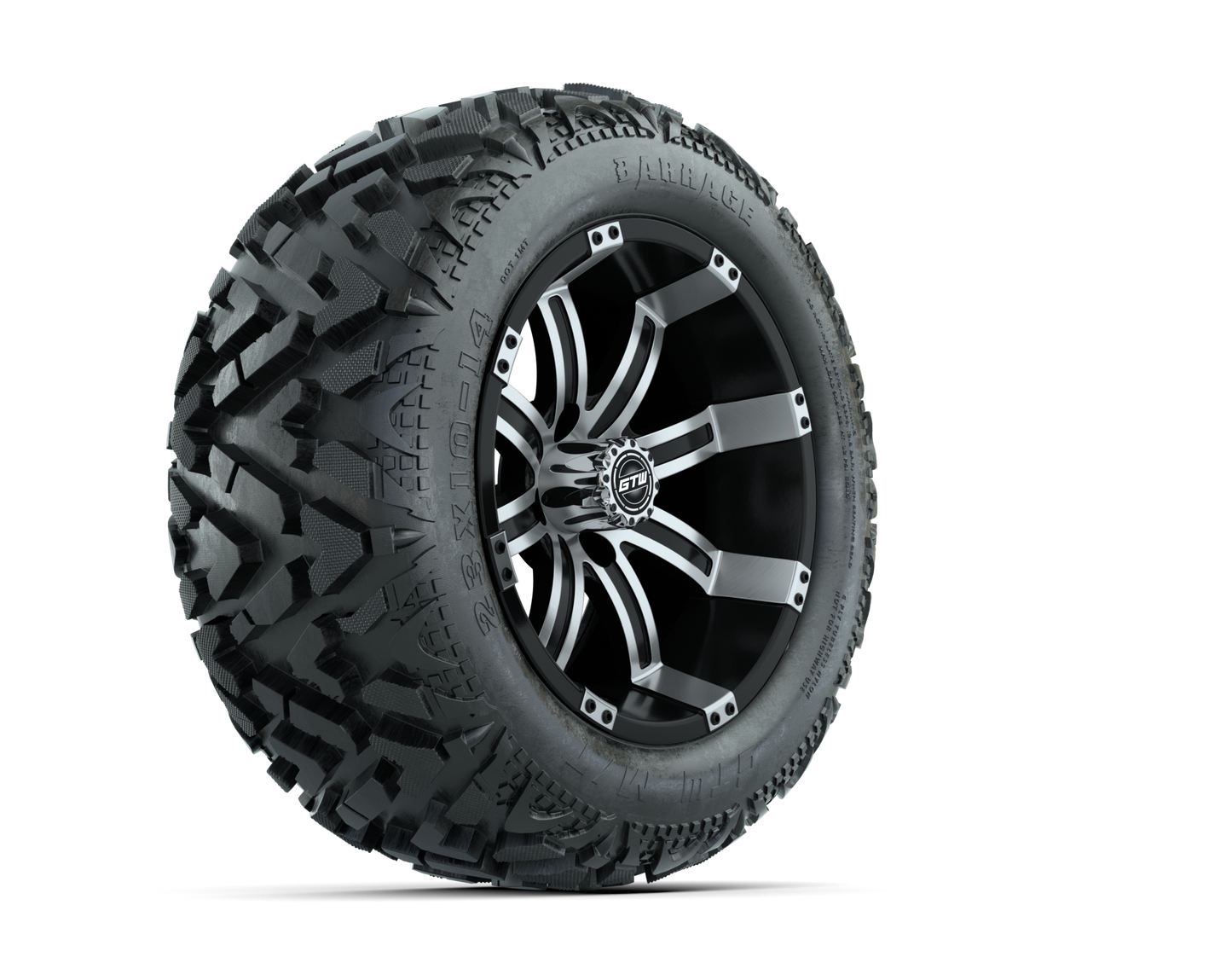 14" GTW Tempest Black and Machined Wheels with 23" Barrage Mud Tires Set of 4