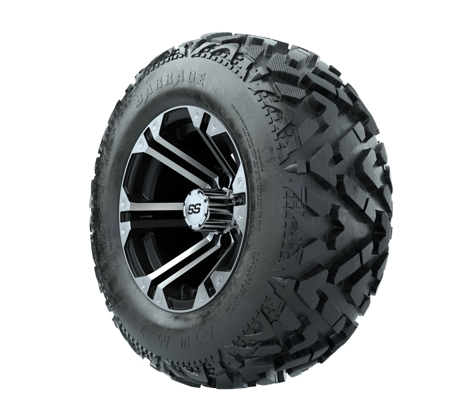 12" GTW Specter Black and Machined Wheels with 23" Barrage Mud Tires Set of 4