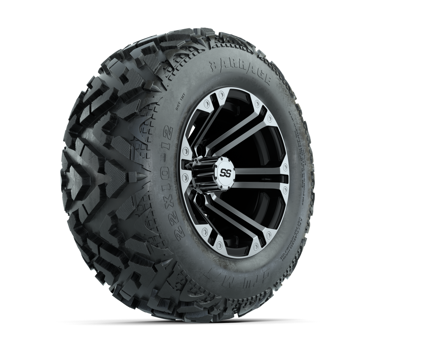 12" GTW Specter Black and Machined Wheels with 23" Barrage Mud Tires Set of 4