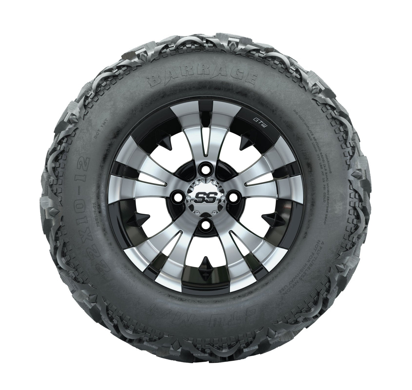 12" GTW Vampire Black and Machined Wheels with 23" Barrage Mud Tires Set of 4