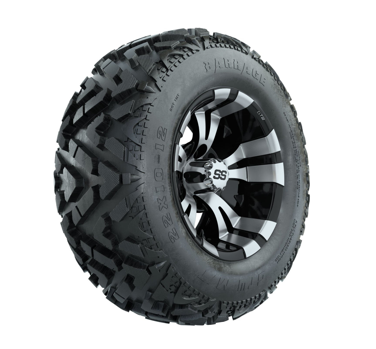 12" GTW Vampire Black and Machined Wheels with 23" Barrage Mud Tires Set of 4
