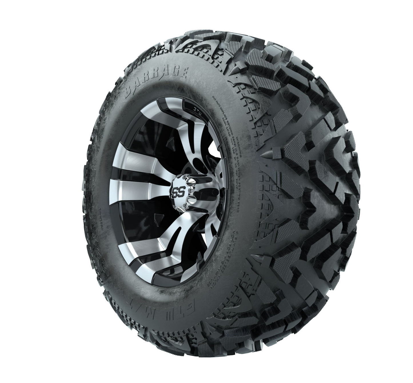 12" GTW Vampire Black and Machined Wheels with 23" Barrage Mud Tires Set of 4