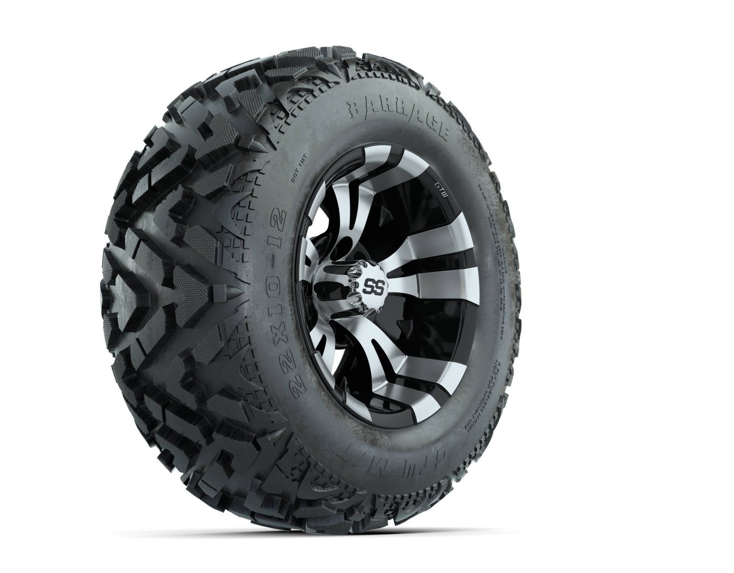12" GTW Vampire Black and Machined Wheels with 23" Barrage Mud Tires Set of 4
