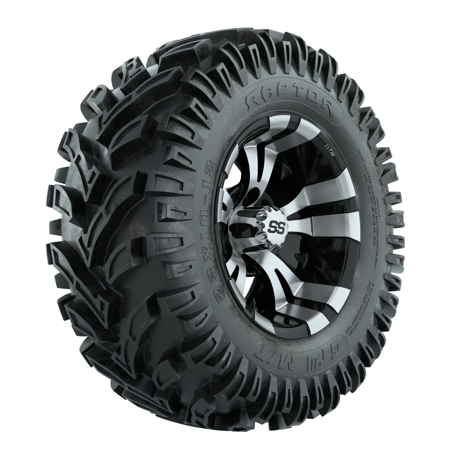 12" GTW Vampire Black and Machined Wheels with 23" Raptor Mud Tires Set of 4