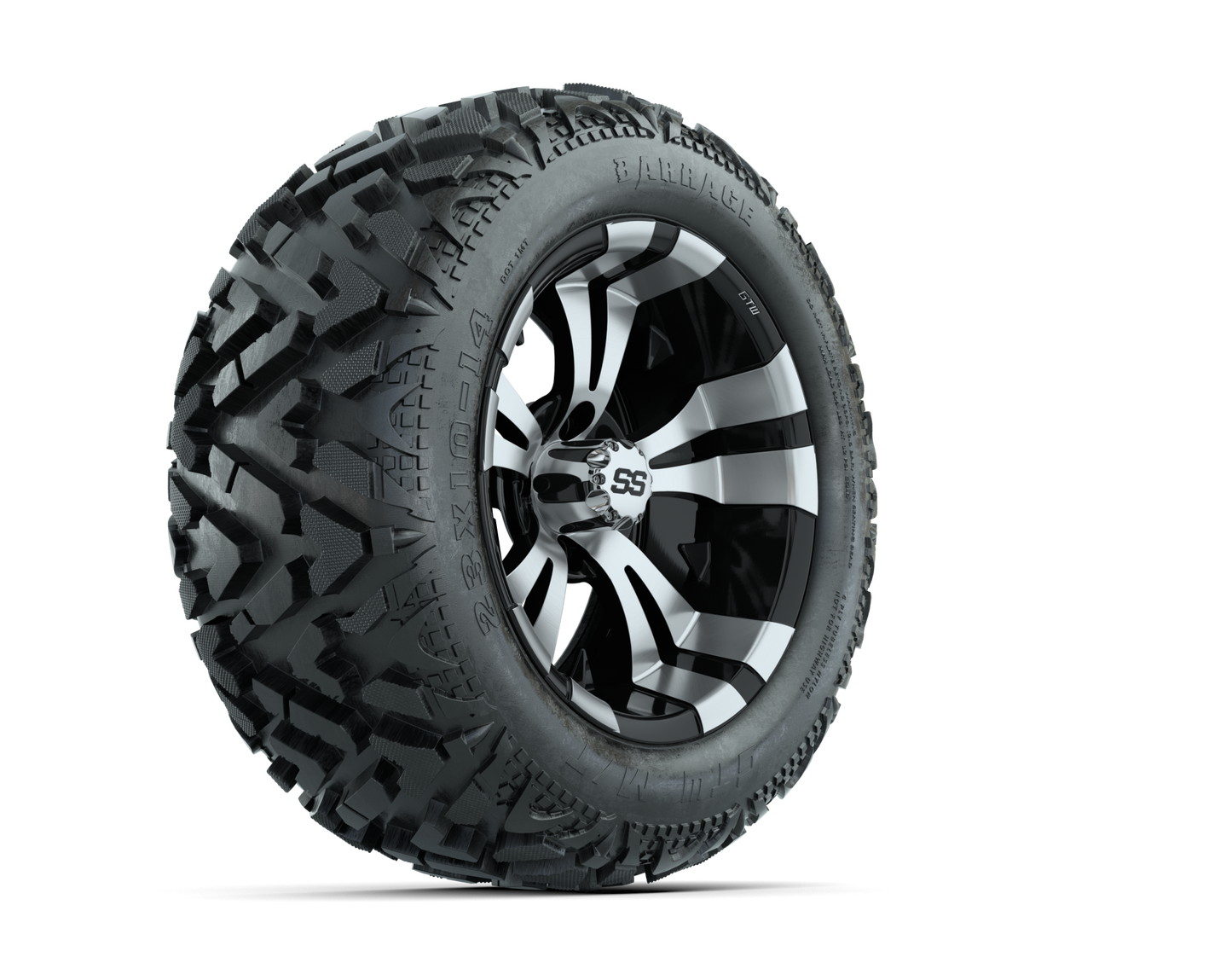 14" GTW Vampire Black and Machined Wheels with 23" Barrage Mud Tires Set of 4