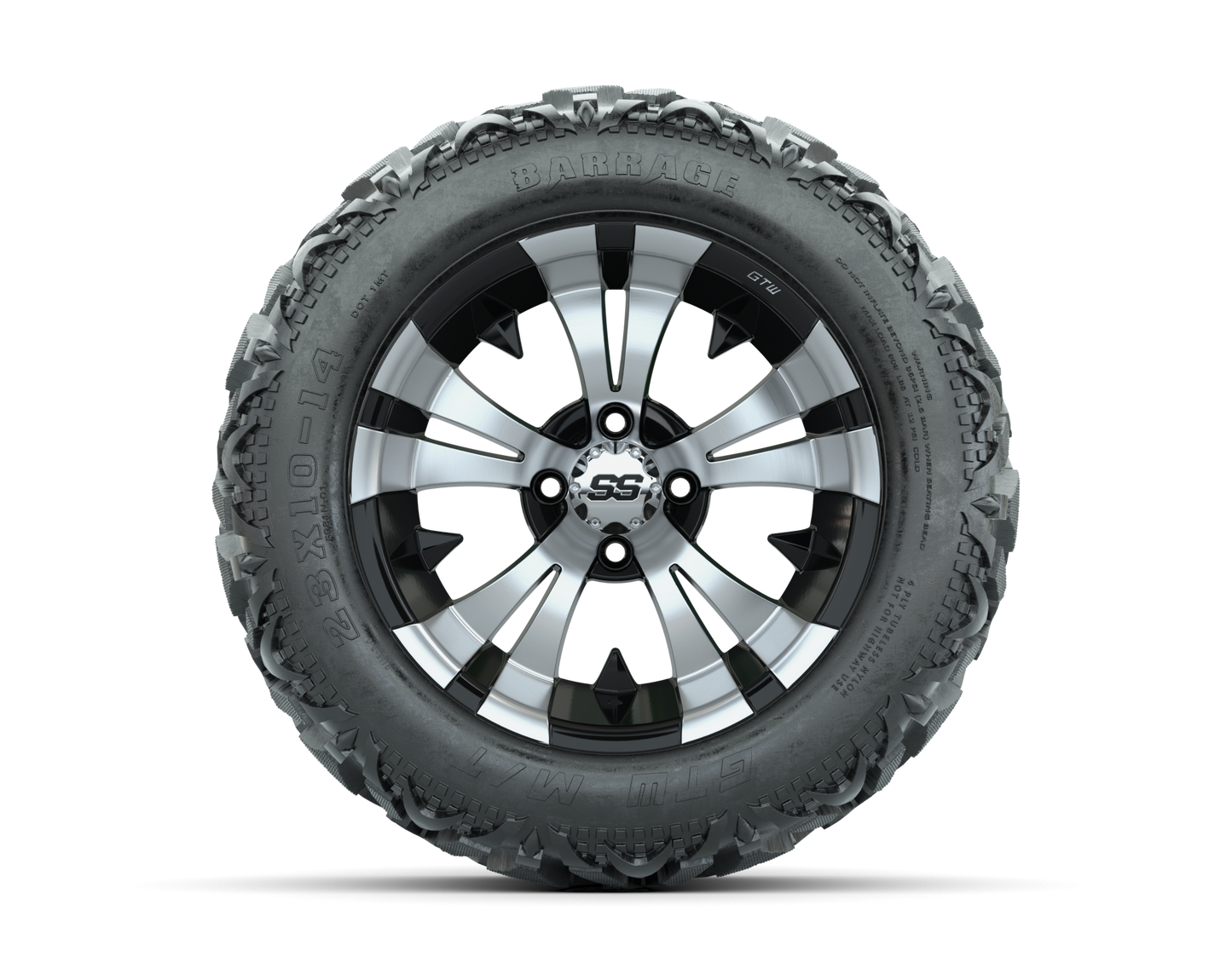14" GTW Vampire Black and Machined Wheels with 23" Barrage Mud Tires Set of 4