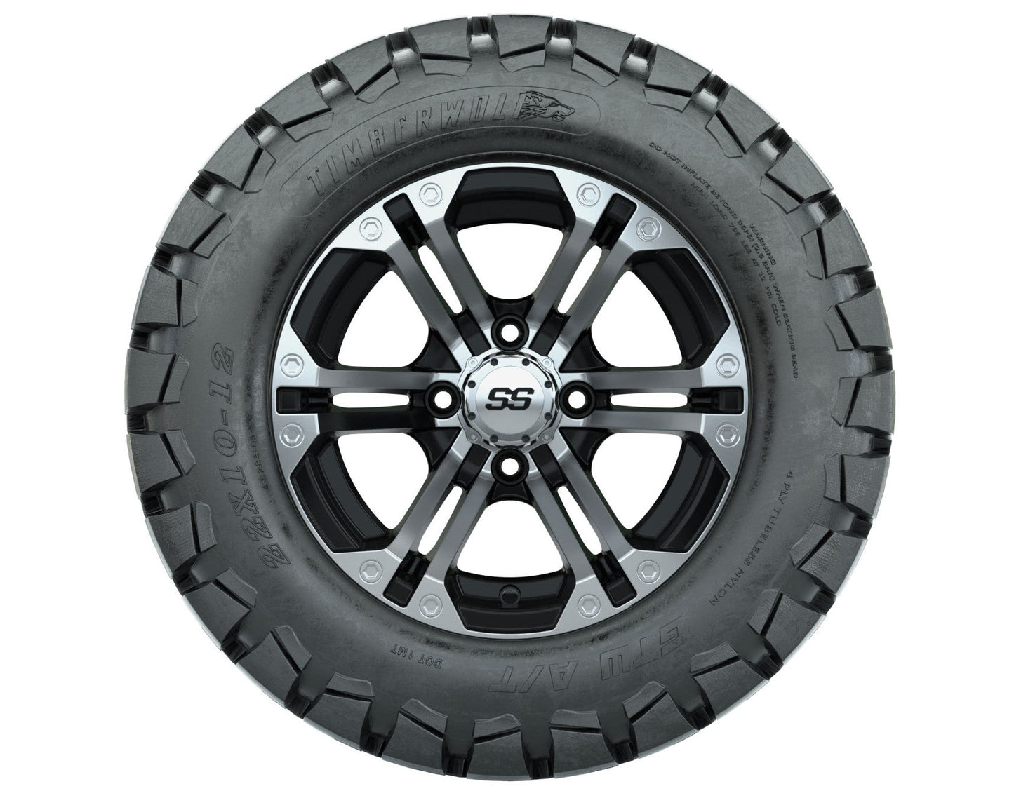 12 inch Specter Black/Machined Lifted Golf Cart Wheels on 22 inch Trail Tires-Set of 4