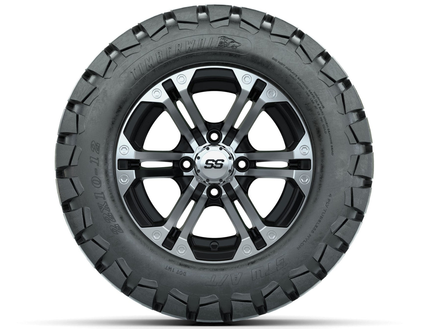 12 inch Specter Black/Machined Lifted Golf Cart Wheels on 22 inch Trail Tires-Set of 4