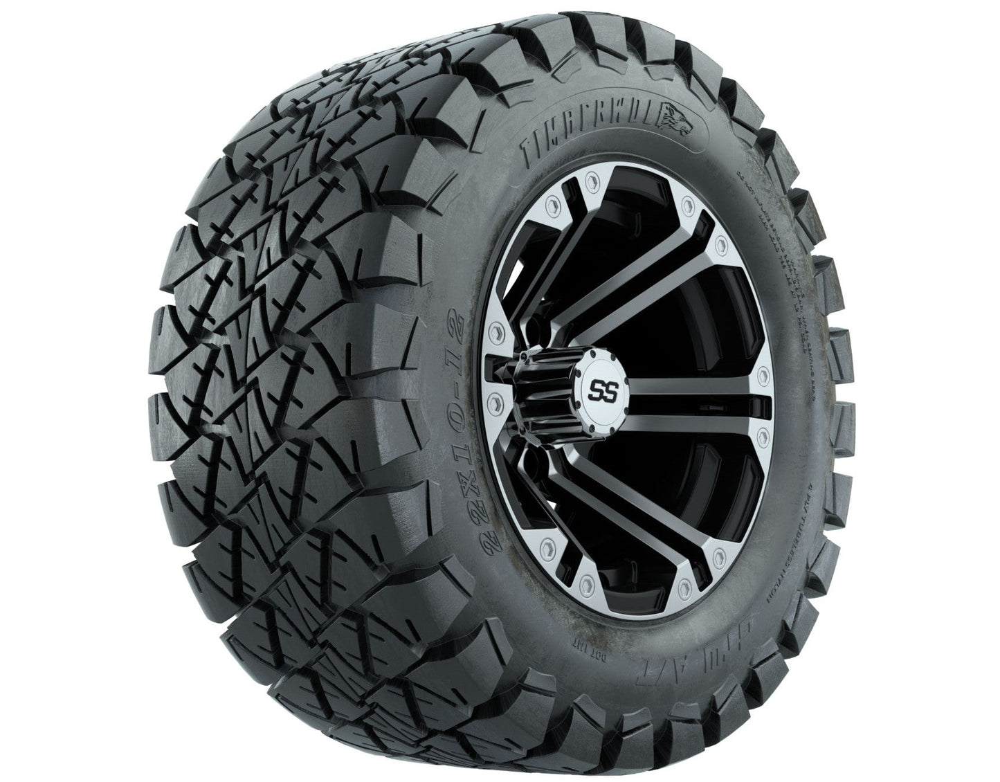 12 inch Specter Black/Machined Lifted Golf Cart Wheels on 22 inch Trail Tires-Set of 4