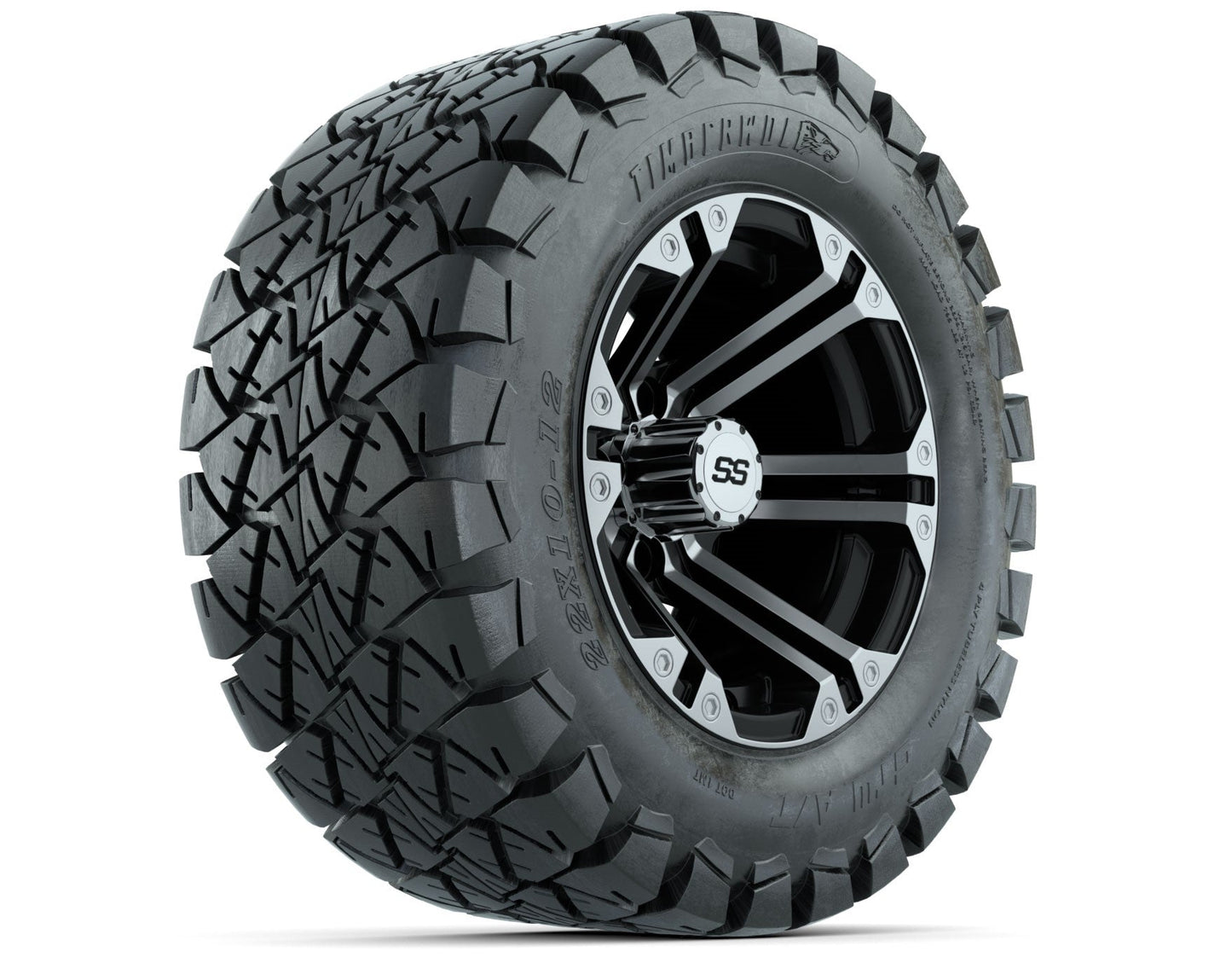 12 inch Specter Black/Machined Lifted Golf Cart Wheels on 22 inch Trail Tires-Set of 4