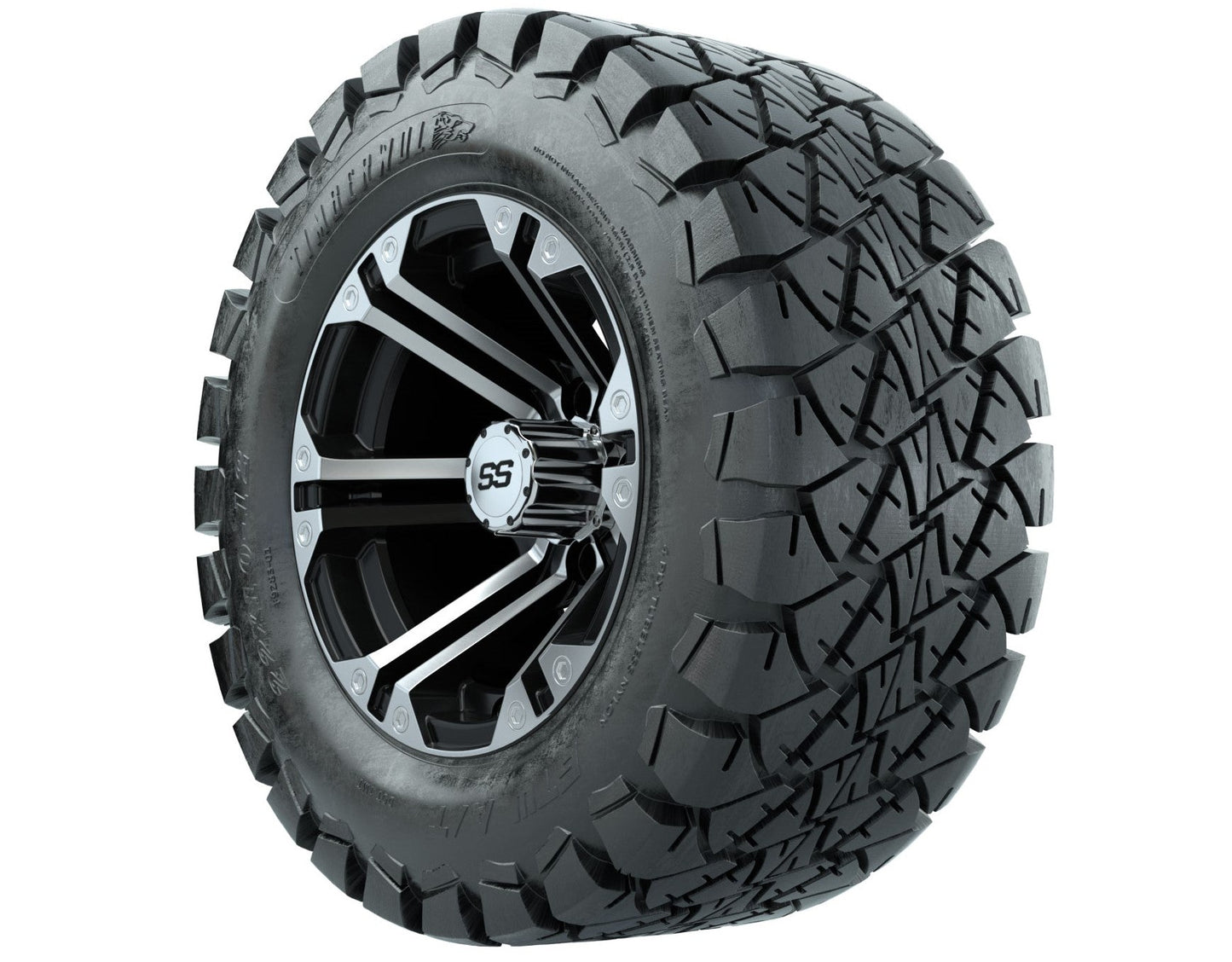 12 inch Specter Black/Machined Lifted Golf Cart Wheels on 22 inch Trail Tires-Set of 4