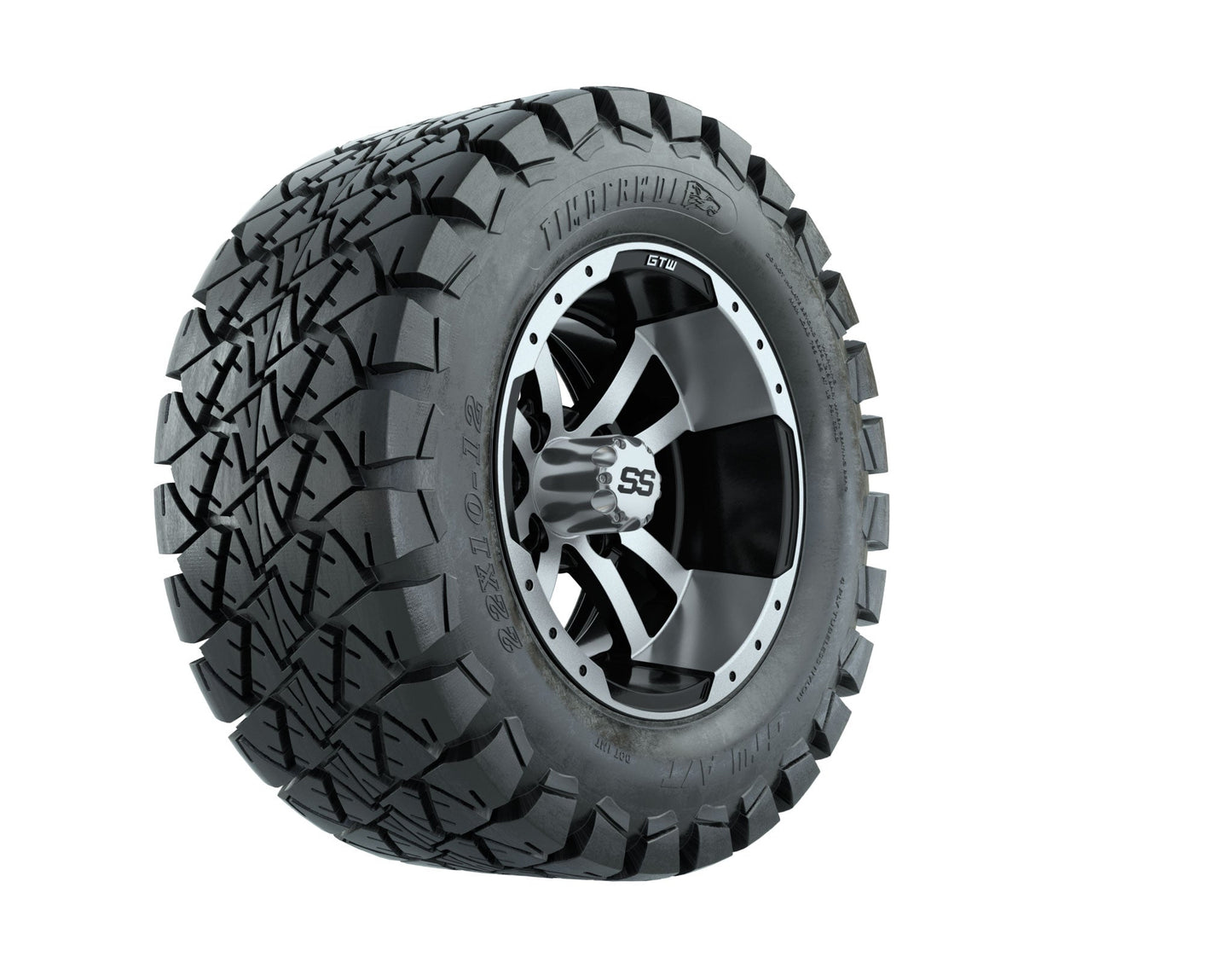 GTW Storm Trooper Black and Machined Wheels with 22in Timberwolf Mud Tires - 12 Inch