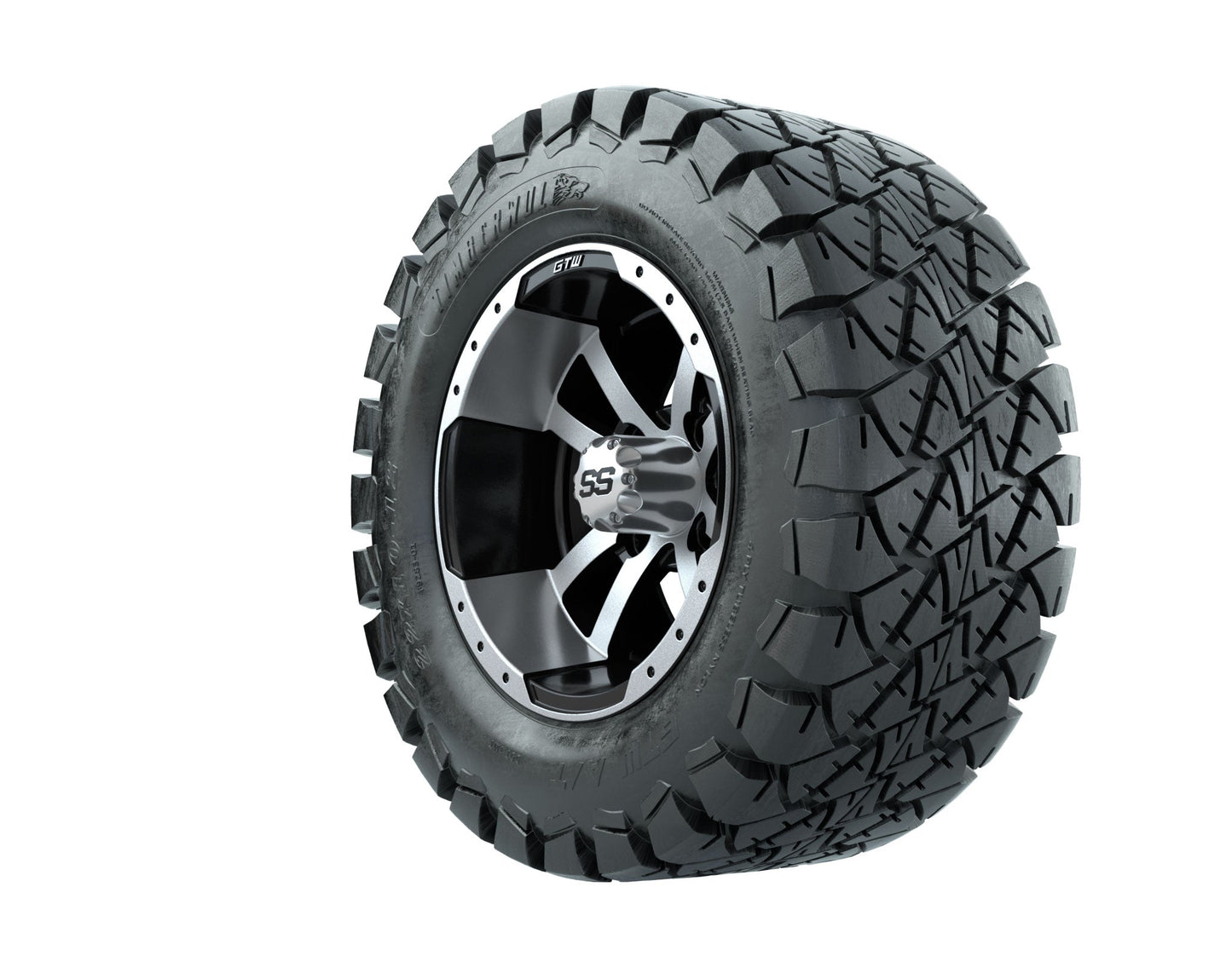 GTW Storm Trooper Black and Machined Wheels with 22in Timberwolf Mud Tires - 12 Inch
