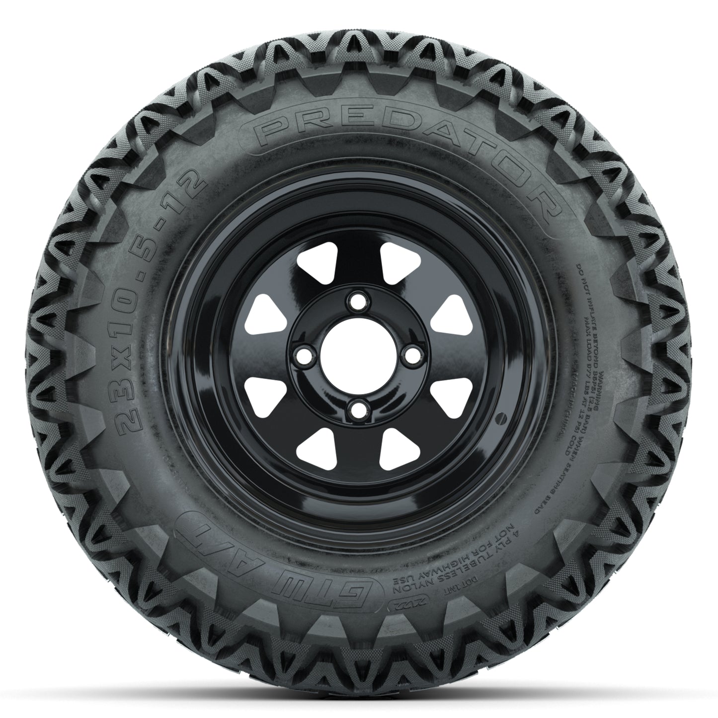 12" Gloss Black Steel Spoke Golf Cart Wheels & 23x10.5x12 Predator All Terrain Tires – Set of 4