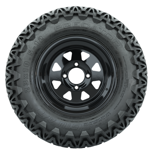 Set of (4) 12 in Black Steel Wheels with 23x10.5-12 GTW Predator All-Terrain Tires
