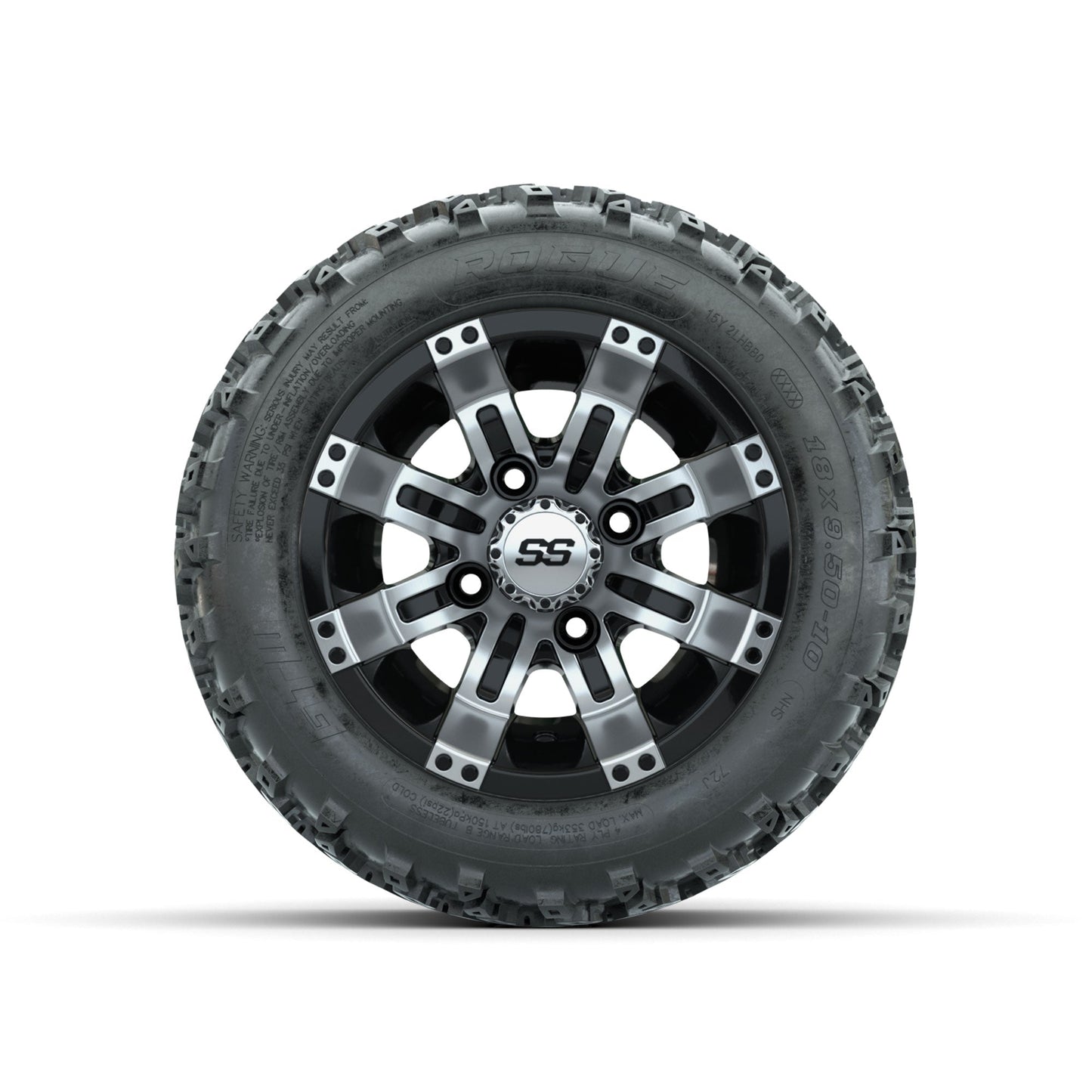 GTW Tempest Machined/Black 10 in Wheels with 18x9.50-10 Rogue All Terrain Tires Full Set