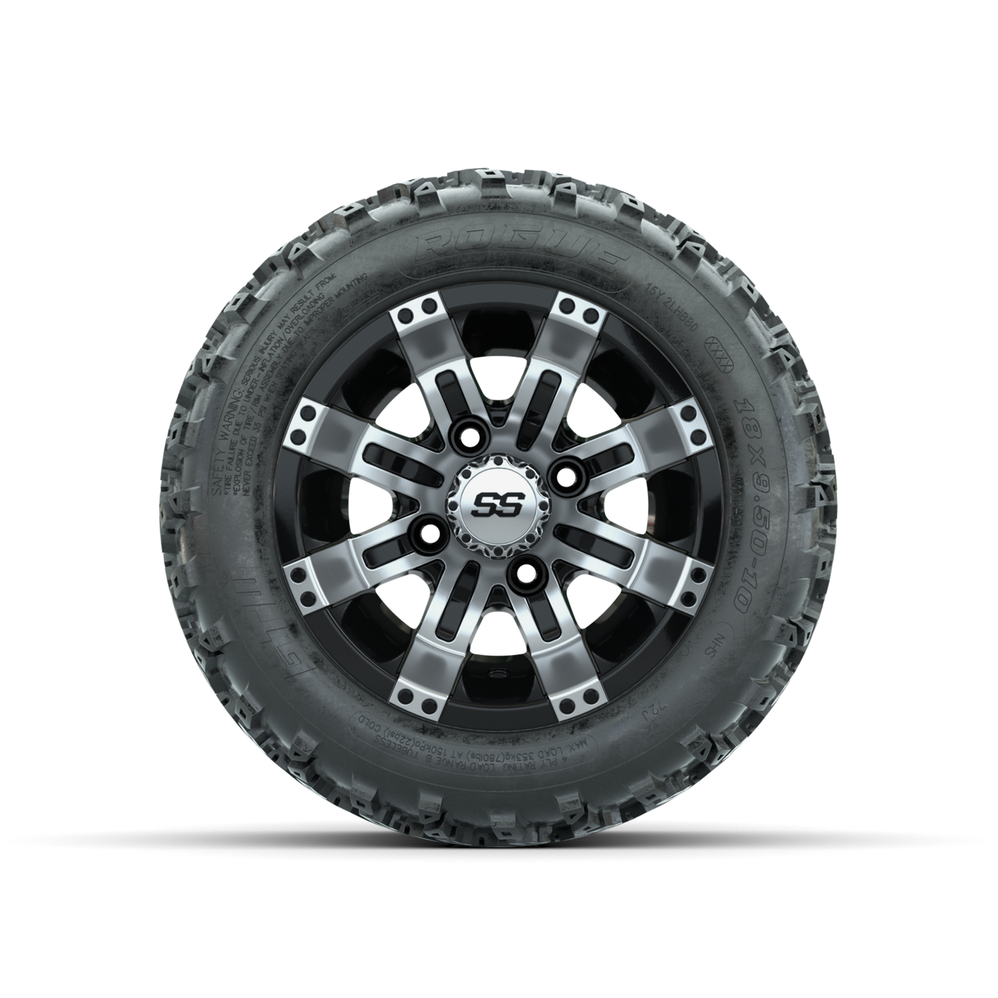 GTW Tempest Machined/Black 10 in Wheels with 18x9.50-10 Rogue All Terrain Tires Full Set