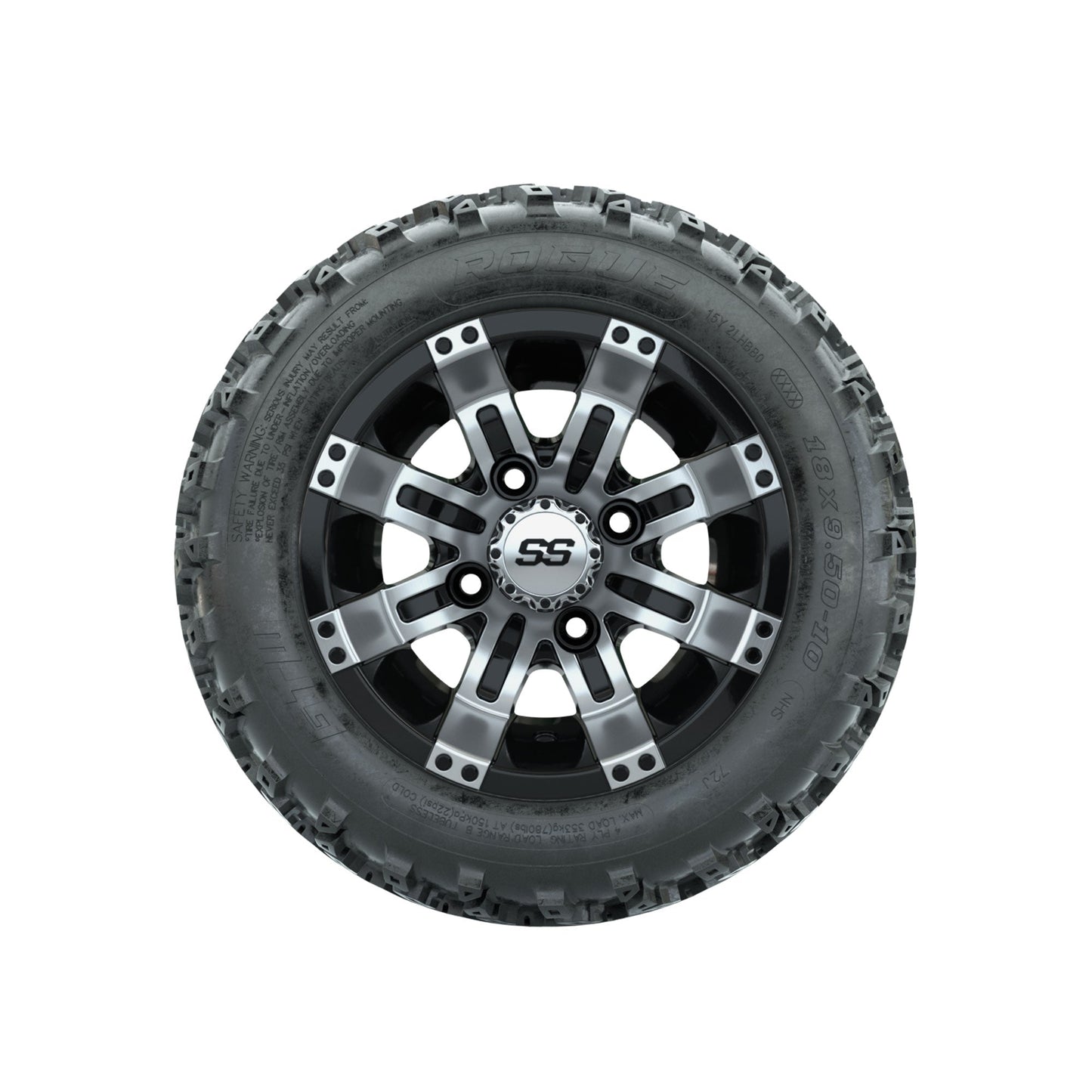 GTW Tempest Machined/Black 10 in Wheels with 18x9.50-10 Rogue All Terrain Tires Full Set