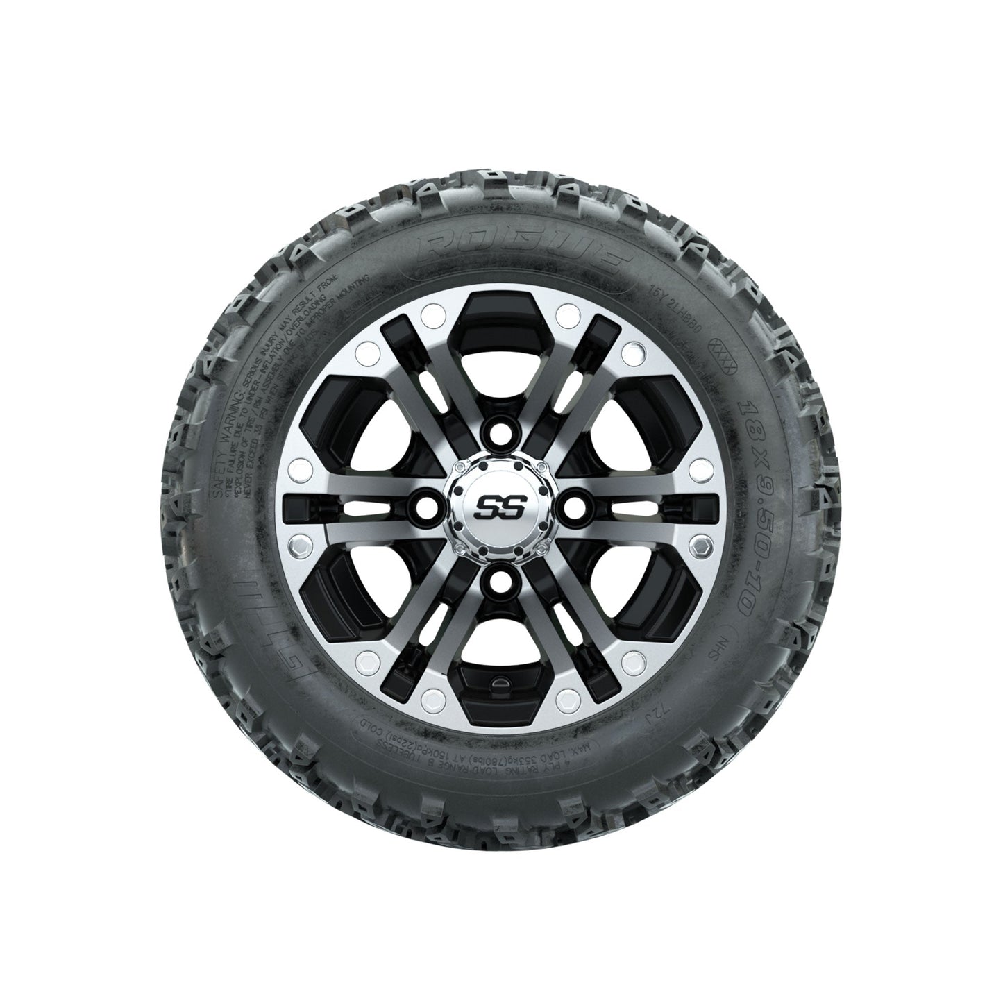 GTW Specter Machined/Black 10 in Wheels with 18x9.50-10 Rogue All Terrain Tires Full Set