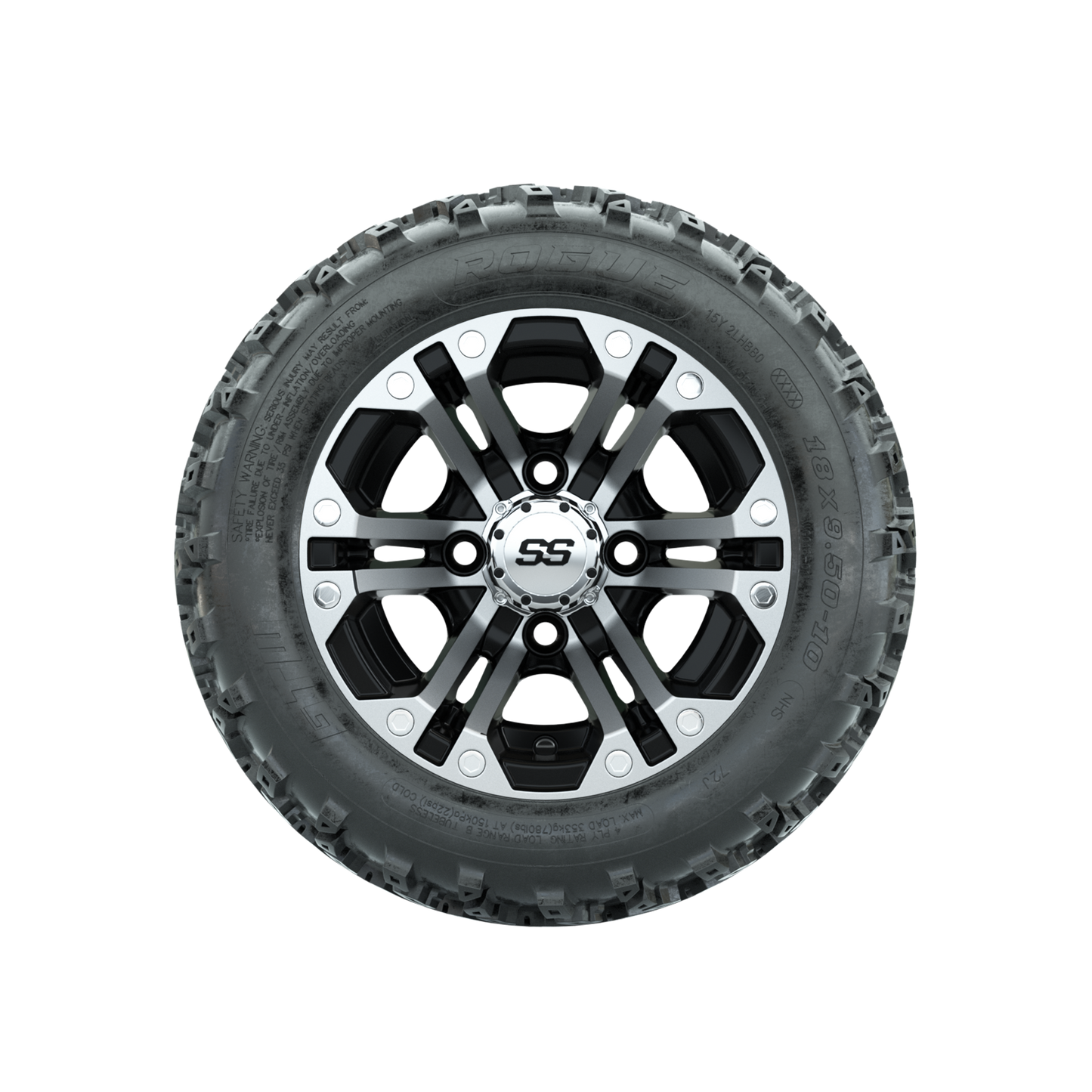 GTW Specter Machined/Black 10 in Wheels with 18x9.50-10 Rogue All Terrain Tires Full Set