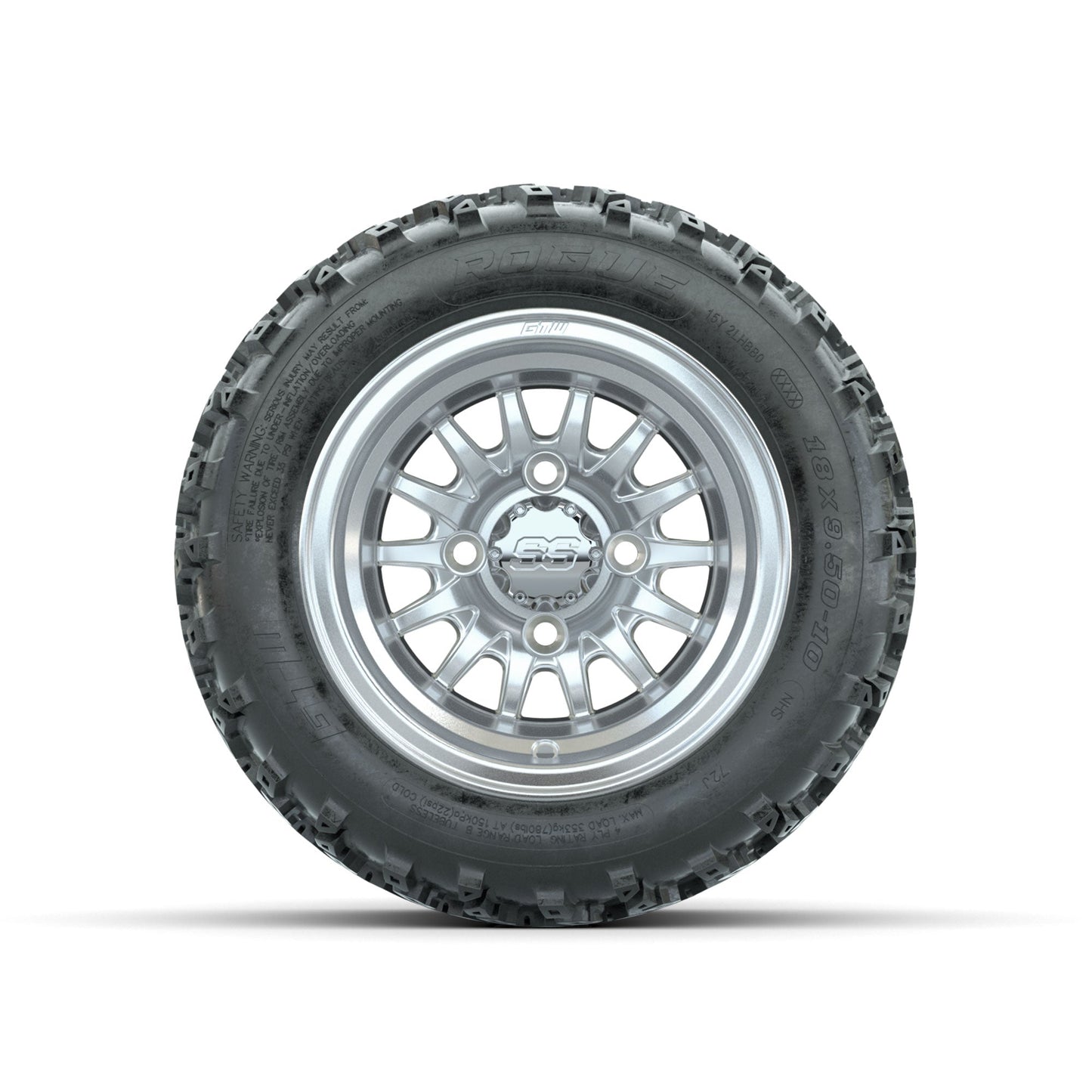 GTW Medusa Machined/Silver 10 in Wheels with 18x9.50-10 Rogue All Terrain Tires Full Set