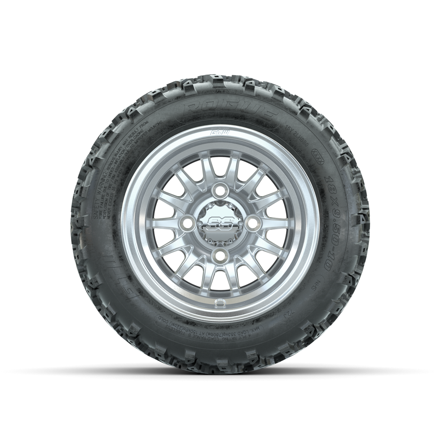 GTW Medusa Machined/Silver 10 in Wheels with 18x9.50-10 Rogue All Terrain Tires Full Set