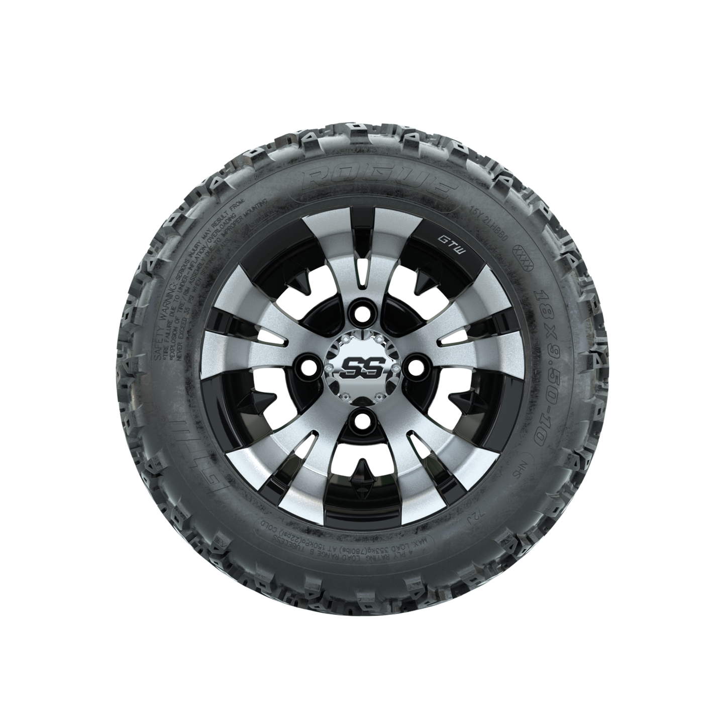 GTW Vampire Machined/Black 10 in Wheels with 18x9.50-10 Rogue All Terrain Tires Full Set