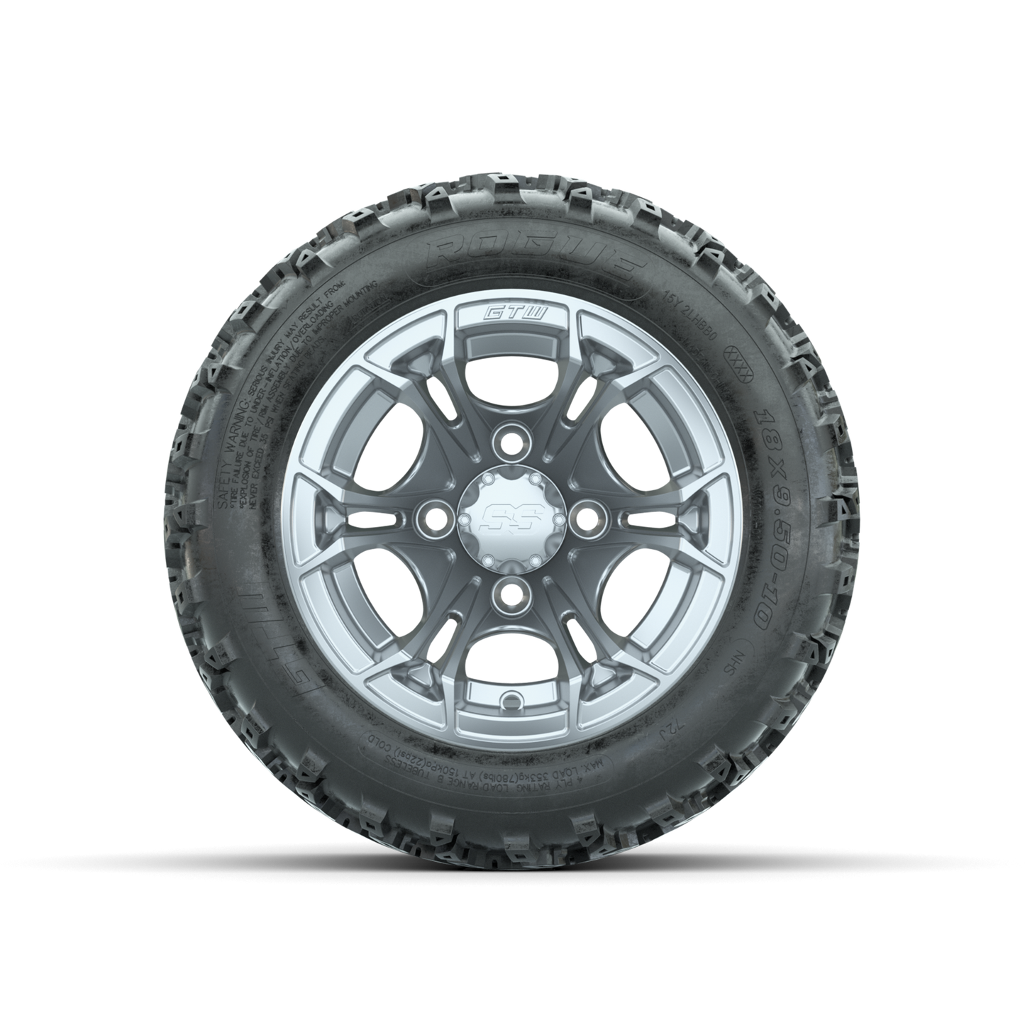 GTW Spyder Silver 10 in Wheels with 18x9.50-10 Rogue All Terrain Tires Full Set