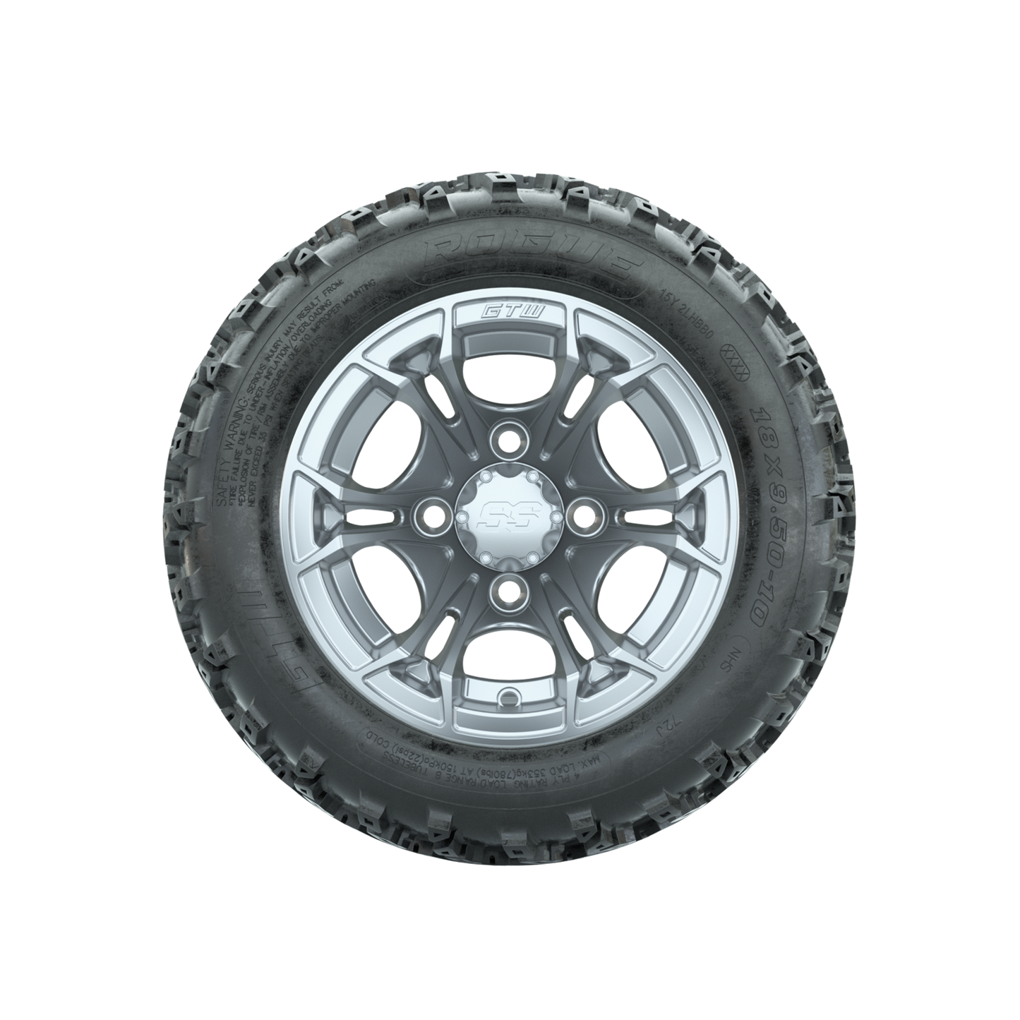 GTW Spyder Silver 10 in Wheels with 18x9.50-10 Rogue All Terrain Tires Full Set