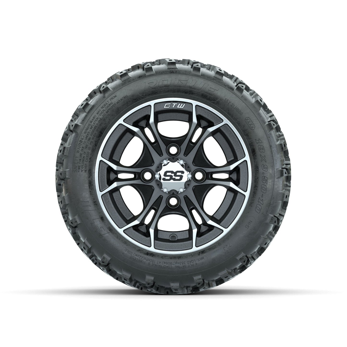 GTW Spyder Machined/Matte Grey 10 in Wheels with 18x9.50-10 Rogue All Terrain Tires Full Set