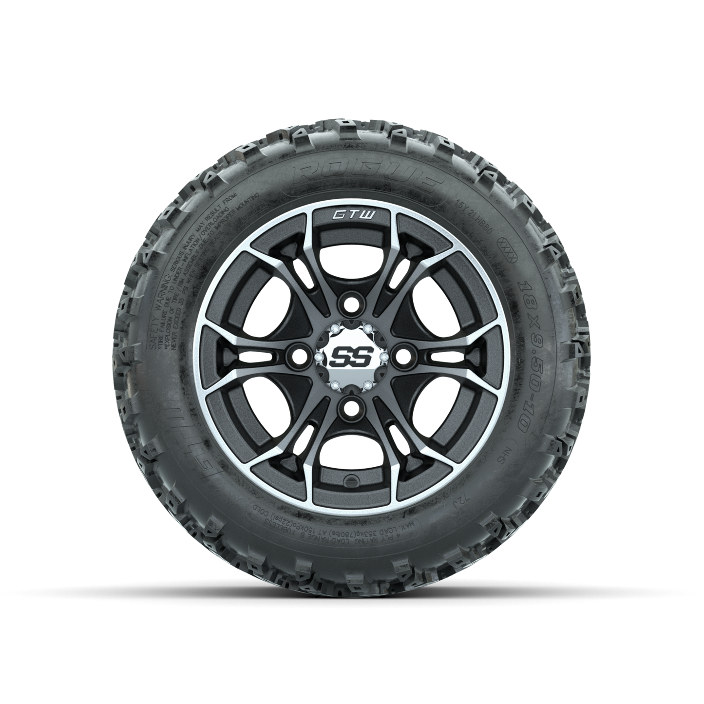 GTW Spyder Machined/Matte Grey 10 in Wheels with 18x9.50-10 Rogue All Terrain Tires Full Set